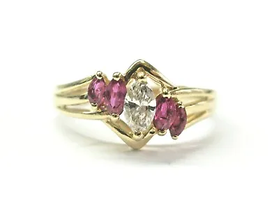 Marquise Diamond & Ruby Anniversary Ring 14Kt Yellow Gold .96Ct • $1550