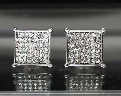 Mens Medium Flat Screen Icy CZ Earrings Square 10mm Studs 14k Gold Plated  • $29.99