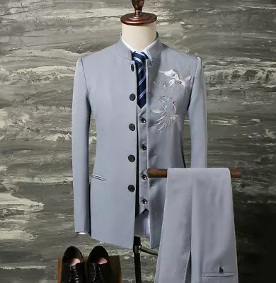 Men's Chinese Style Tunic Wedding Formal Dress Embroidered 3 PCS Casual Suits • $63