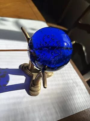 Godinger Silver Art Co. VTG BLUE BUBBLED CRYSTAL BALL W Adorned Gold Metal Stand • $35