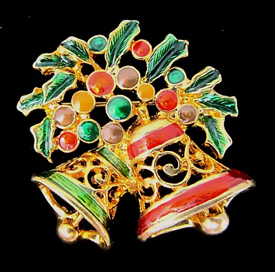 Vintage Christopher Radko Christmas Bells Brooch Pin Gold Tone Metal & Enamel • $19.99