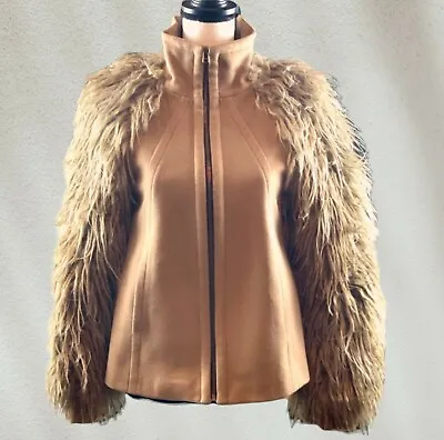 Zara Camel Wool Coat With Shag Fur Sleeves XS • $120
