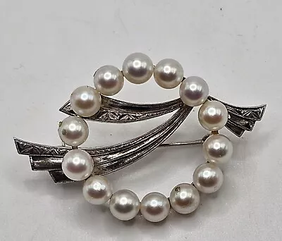  MIKIMOTO STERLING SILVER 14 PEARL PIN-1950's • $200