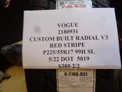 2 New Tires Vogue Custom Built Radial V3 Red Stripe 225 55 17 99h Sl 2180931 • $645.14