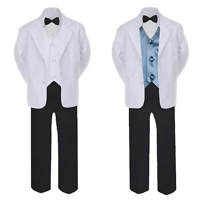 $45.99 • Buy 6pc Baby Toddler Boy Children Formal Black White Suit Tuxedo Satin Vest Sz Sm-4T