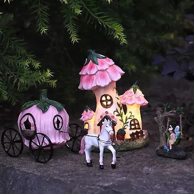 Resin Fairy Garden - Miniature Floral Roof Cottage With Solar LED Lights Fairy  • $46.99