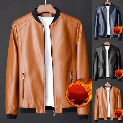 Casual Mens Slim Fit Baseball Clothes Korean Fashion Faux Leather Jacket Black • $48.32
