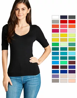 $11.99 • Buy Women's Basic V-Neck Elbow Sleeve T-Shirt Short Sleeve Stretchy Top Reg & Plus