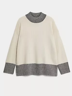 Jaeger Wool Rich Funnel Neck Jumper With Cashmere - Cream/Grey - Size M - BNWT • £20