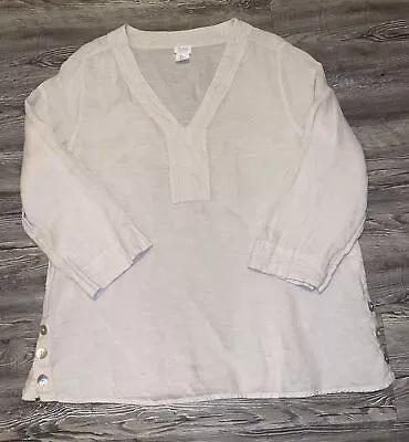 Sigrid Olsen Beige Linen Embroidered V-neck Pullover 3/4 Sleeve Tunic Top Large • $17