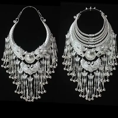 Exotic Tribal Chinese Handmade Miao Silver Dragon Phenix Tassels Necklace 1piece • $160