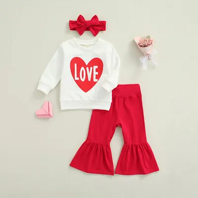 $12.99 • Buy NEW Valentines Day Love Heart Shirt Bell Bottoms Headband Girls Outfit Set
