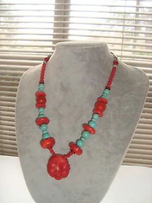 Vintage Chinese Sterling Silver Coral Turquoise Necklace With Carved Buddha Face • $55