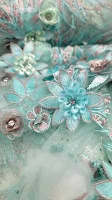 3d Mint Floral Lace Embroidery Rhinestones Blush Flowers Fabric By The Yard • $68.99