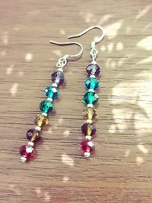 Chakra RAINBOW CRYSTAL Dangly Drop Earrings Handmade 925 STERLING SILVER HOOKS  • £4.90