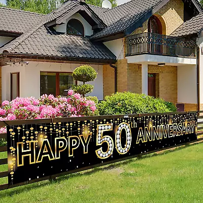 Large 50Th Anniversary Banner Decorations Black Gold Happy 50Th Wedding Anniver • $11.75