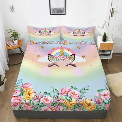 Cartoon Unicorns Kids Bed Decor Fitted Sheet Set Single/Double/Queen/King Size • £29.37