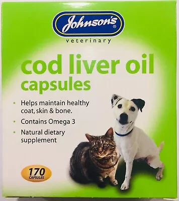 Johnson's Dog Cat Cod Liver Oil 170 Capsules Supplement Healthy Skin Coat Bones • £8.79