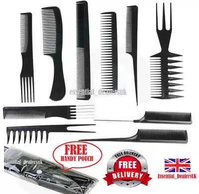 10Pc QUALITY HAIR STYLING COMB SET FREE POUCH PROFESSIONAL BLACK BRUSH BARBERS • £3.29