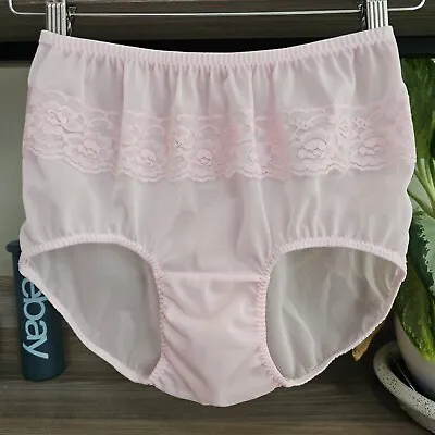 Sissy Nylon Lace Panty Double Gusset Sheer Pink Ice Bikini Vintage Brief Sz. 7/L • $29.34