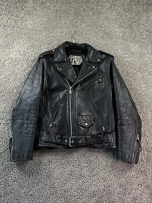 VINTAGE Diamond Leather Motorcycle Jacket Womens Small 36 Black Riding Coat FLAW • $59.99