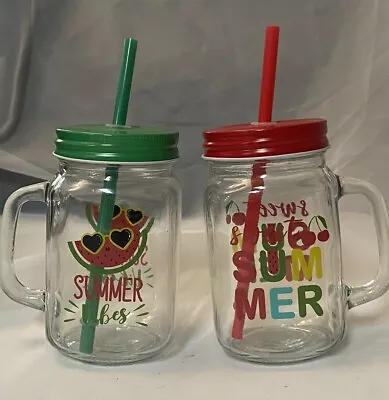 2 Mason Jar Style Glass Tumbler 16 Oz With Straws Sweet Summer Summer Vibes • $14.99