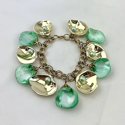 Vintage Green Shell And Gilded Faux Oyster Shell With Green Faux Pearl Bracelet • $22