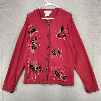 Vintage Cavalier Cardigan Sweater Wmns Sz L Red Holly Leaves Button Christmas • $23.95