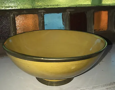 VINTAGE MOROCCAN SAFI POTTERY BOWL YELLOW W/METAL TRIM SIGNED 10” Diameter • $38