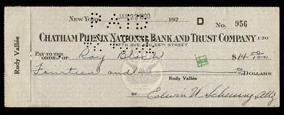 Ray Bloch Jazz Pianist Autographed Check 1930 Ed Sullivan Show Jackie Gleason • $49.99