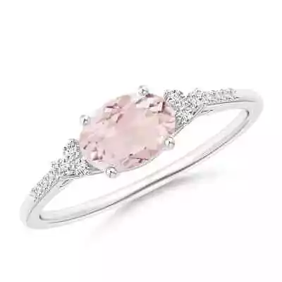 ANGARA Horizontally Set Oval Morganite Solitaire Ring With Trio Diamond Accents • $575.10