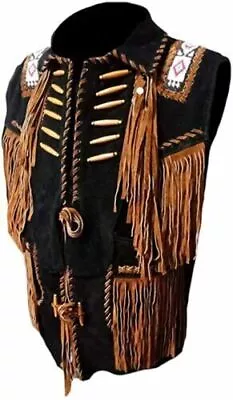 Men's Native American Western Style Suede Leather Black Vest Fringed & Beaded • $59.99