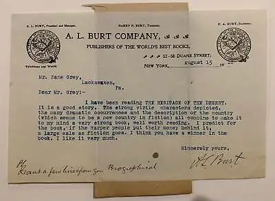 A L Burt / Typed Letter Signed To Zane Grey From Publisher A.L Burt August 15 • $42