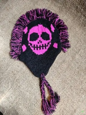 DPC DORMANT PACIFIC Mohawk Pink Skull & Black Knitted Hat Braids Lined One Size • $5