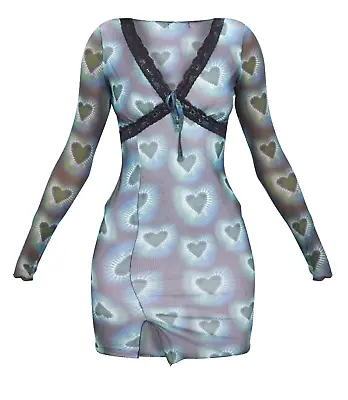 Green Heart Blur Print Mesh Lace Detail Split Hem Shift Dress Festival Party • £14.99