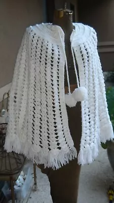 70s Hand Crocheted Granny Knit White Stripe Afghan Hippie Poncho Cape W/ Fringe • $9.51