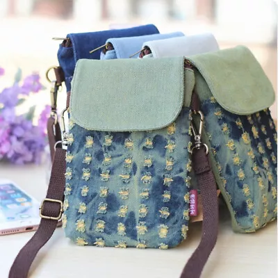 Small Denim Flapover Light Blue Dark Blue Green 3 Section Phone Bag Wristlet • £10.99