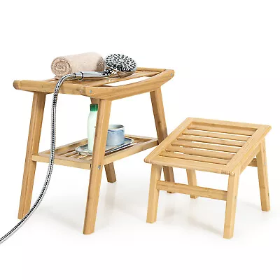 Bamboo Shower Seat Bench W/Underneath Storage Shelf Spa Bath Seat W/ Foot Stool • $59.98