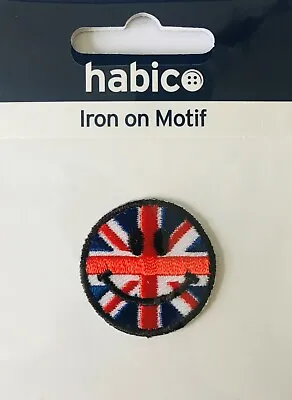 Habico Small Round Union Jack Smiley Face Iron On Motif Patch Child Or Adult • £3.49