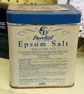 Atq. REXALL Puretest Epsom Salt Tin. 16 Oz. United Drug Co. Boston - St. Louis. • $8.29