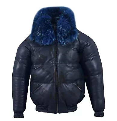 Men's Puffer Bomber Sheepskin Leather Jacket Removable Raccoon Fur Collar & Hood • $239.99