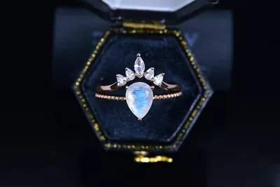 Natural Pear Moonstone Rose Gold Plated Silver Engagement Crown Ring Set For Her • $138.99