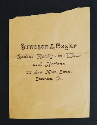 $38.95 • Buy Antique SIMPSON & BAYLOR Staunton Va STORE BAG Ladies Ready-to-wear And Notions