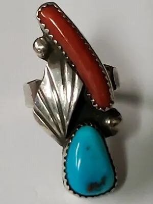 Vintage Native American Sterling Ring Coral Turquoise 6  • $70.50