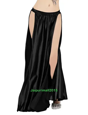 Black Satin High Slit Skirt Tribal Belly Dance 2 Slit Panel Skirt Gothic Casual • $21.37