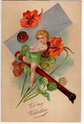 ANTIQUE VALENTINE Postcard  (PFB) CUPID GREEN DRAPE SITTING ON ENVELOPE SEALER • $1.75