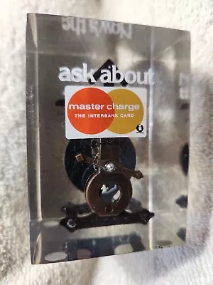 Vtg MASTERCARD It's Time To Ask  Clock Lucite Paperweight Advertising Desk Decor • $39.88