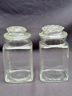 PAIR Vtg Square Apothecary Candy Cookie Jar Canister W Starburst Lid 9” Tall EUC • $29.75