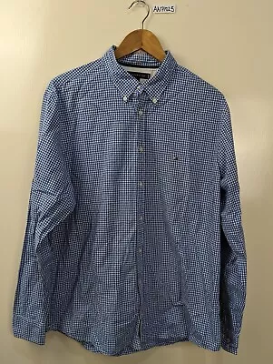 Tommy Hilfiger Blue Micro Check Cotton Long Sleeve Button Up Men's Shirt Size XL • $29.95