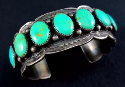 Vintage Navajo Row Bracelet - Sterling Silver And Turquoise - 74g = 2.6oz • $339